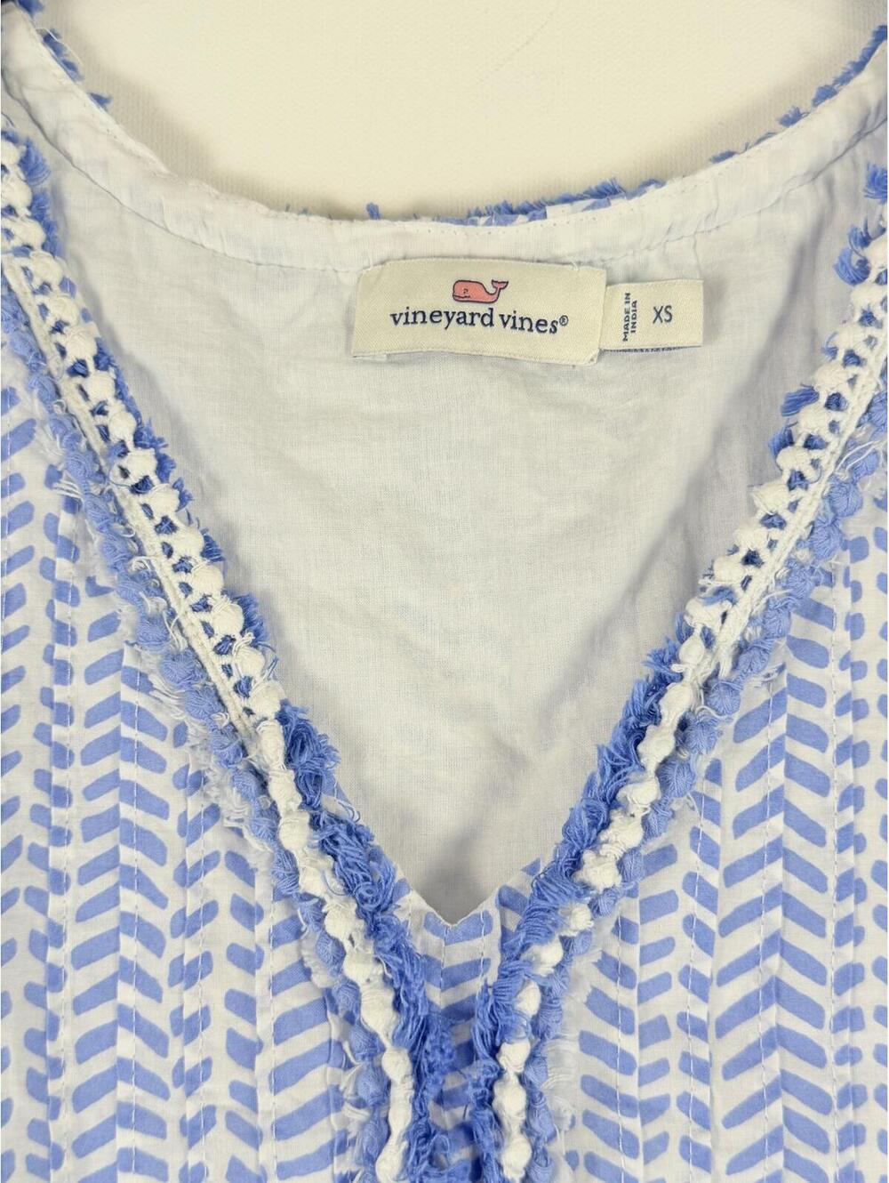 Vineyard Vines Bayside Blue Chevron Fringe Pintuck Dress Sleeveless Cotton XS - Picture 4 of 6